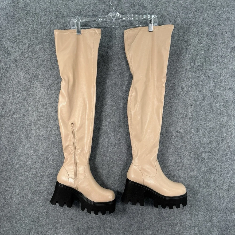 Loverboy Boots Womens 6.5 Over The Knee Block Heel Platform Side Zip Nude Chunky